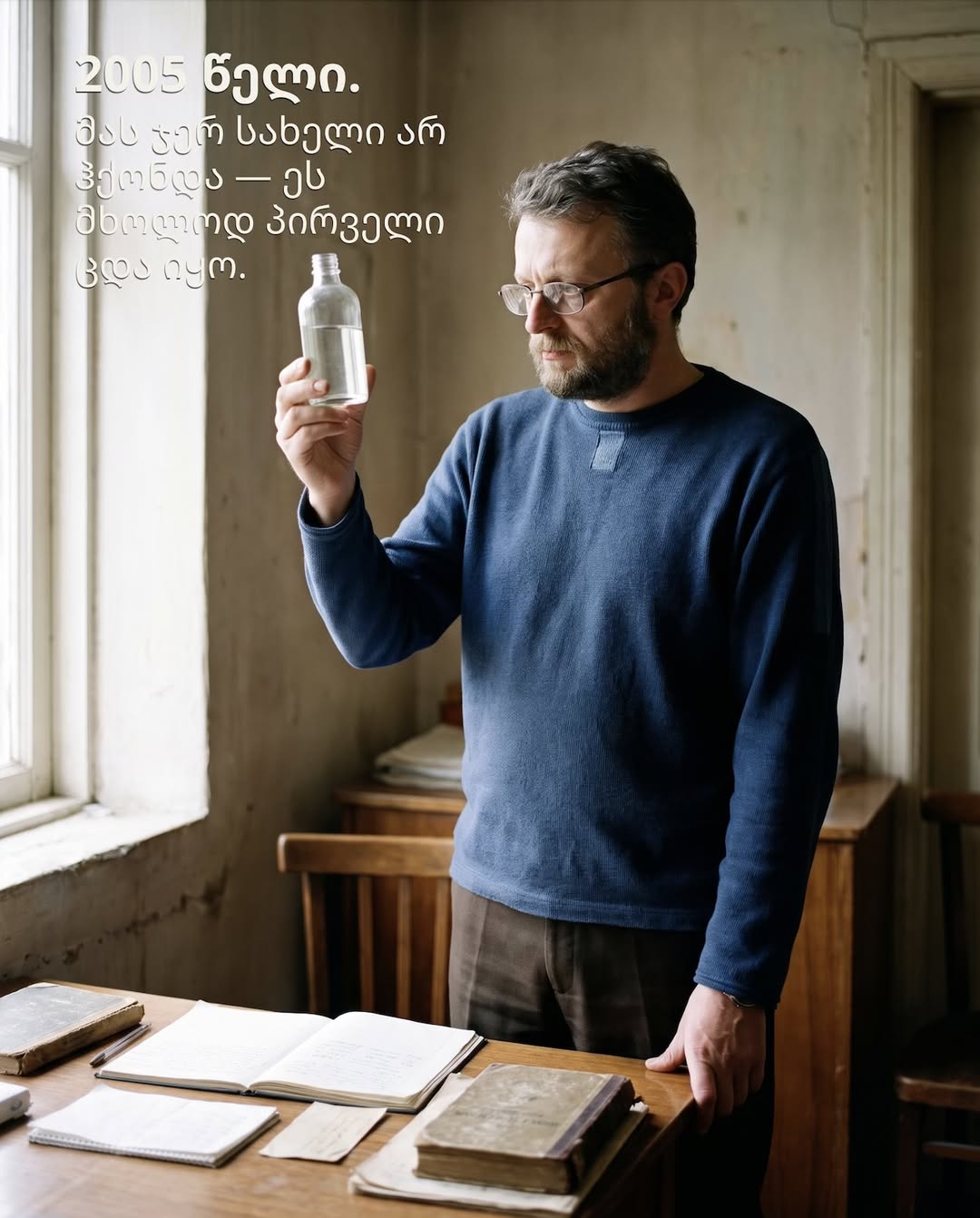 A man by a window examining a clear bottle