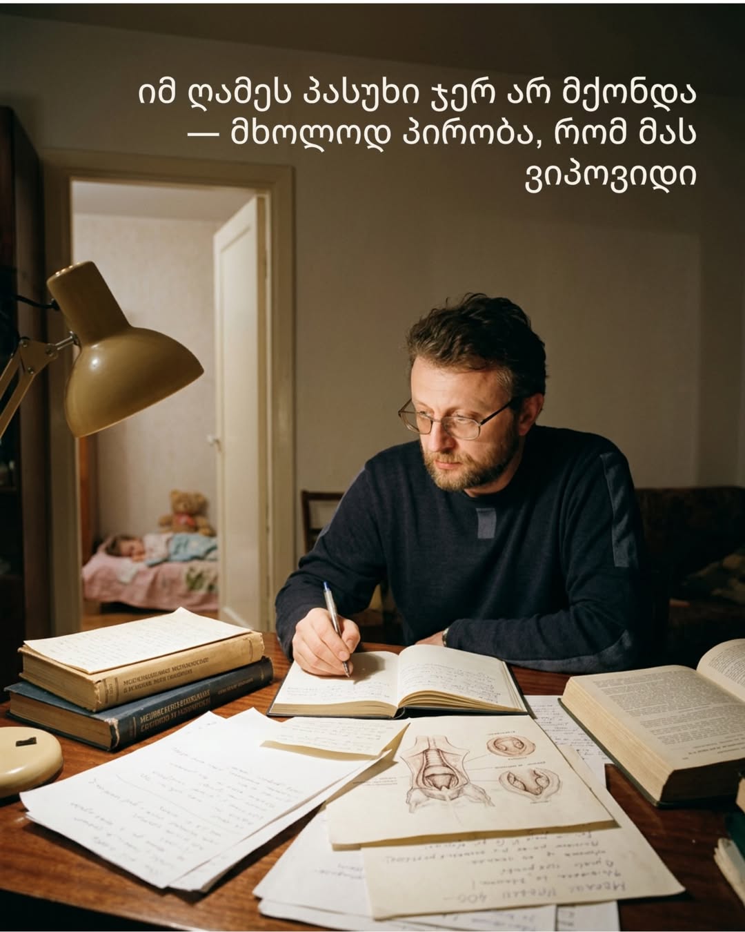A man working with books and notes at night
