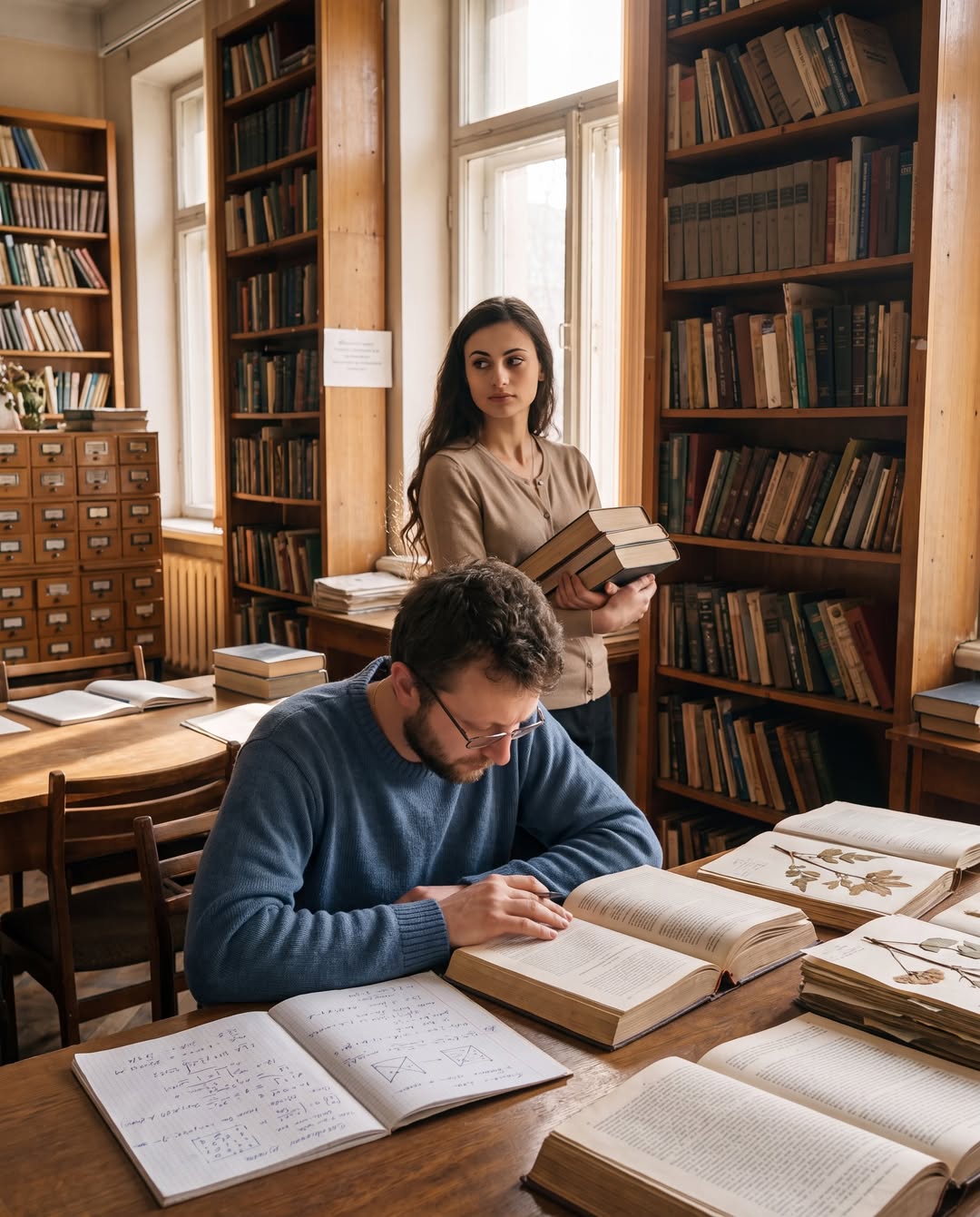 Working with books and notes in a library